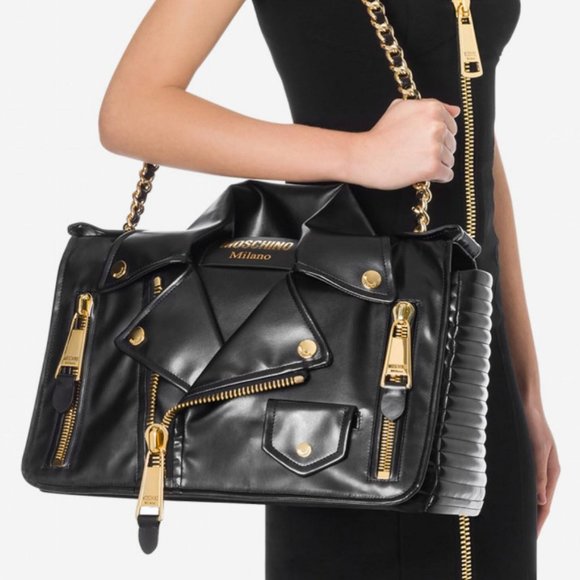 MOSCHINO COUTURE Macro Biker Bag GIANT Black Motorcycle Jacket Shoulder Purse - Picture 3 of 16